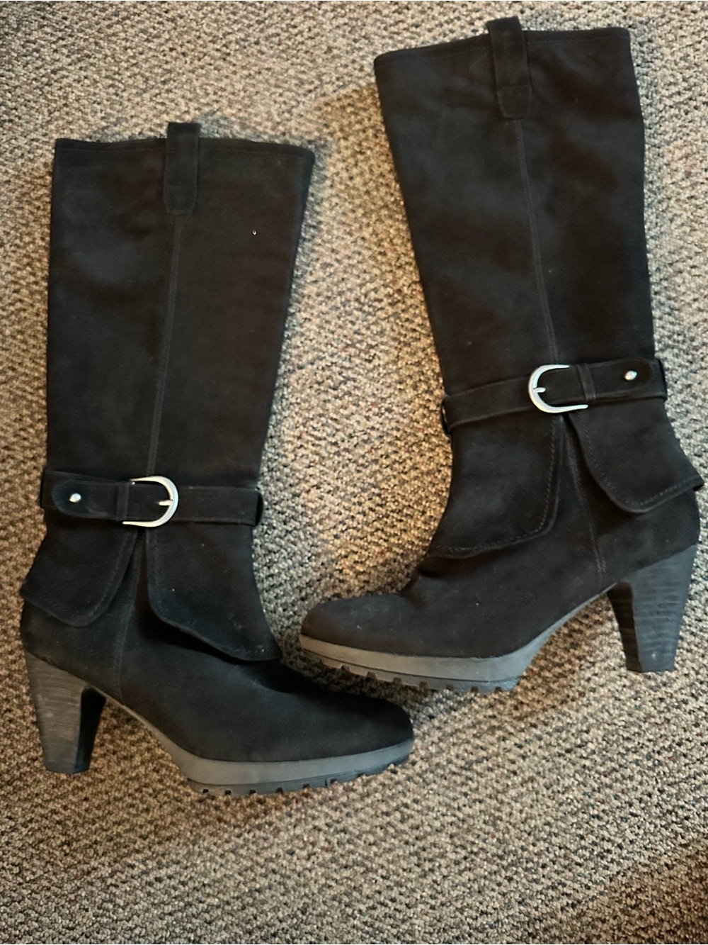 Blondo Black Suede Mid-Calf Heeled Buckle Boots